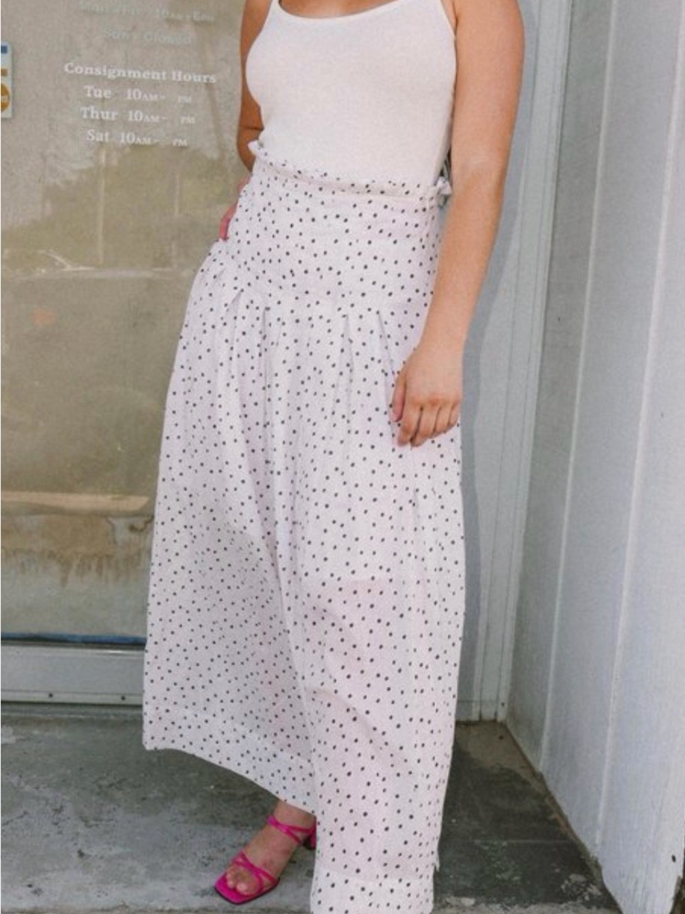 Polka Dot White Maxi Skirt with Elastic Waist
